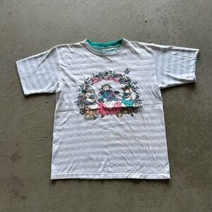 Vintage 90s Bunny Shirt Size Medium Gray White Striped Tea Party